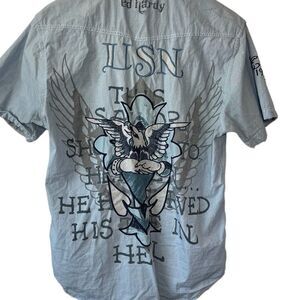 Ed Hardy Short Sleeve Button Down Pocket Logo Shirt Sz M
